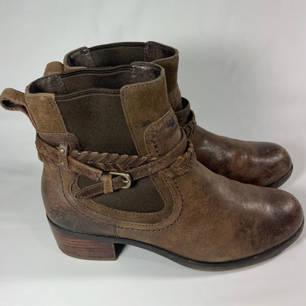 UGG Krewe Ankle Boots Womens 8 Chocolate Brown‎ Leather Moto Harness 1004207